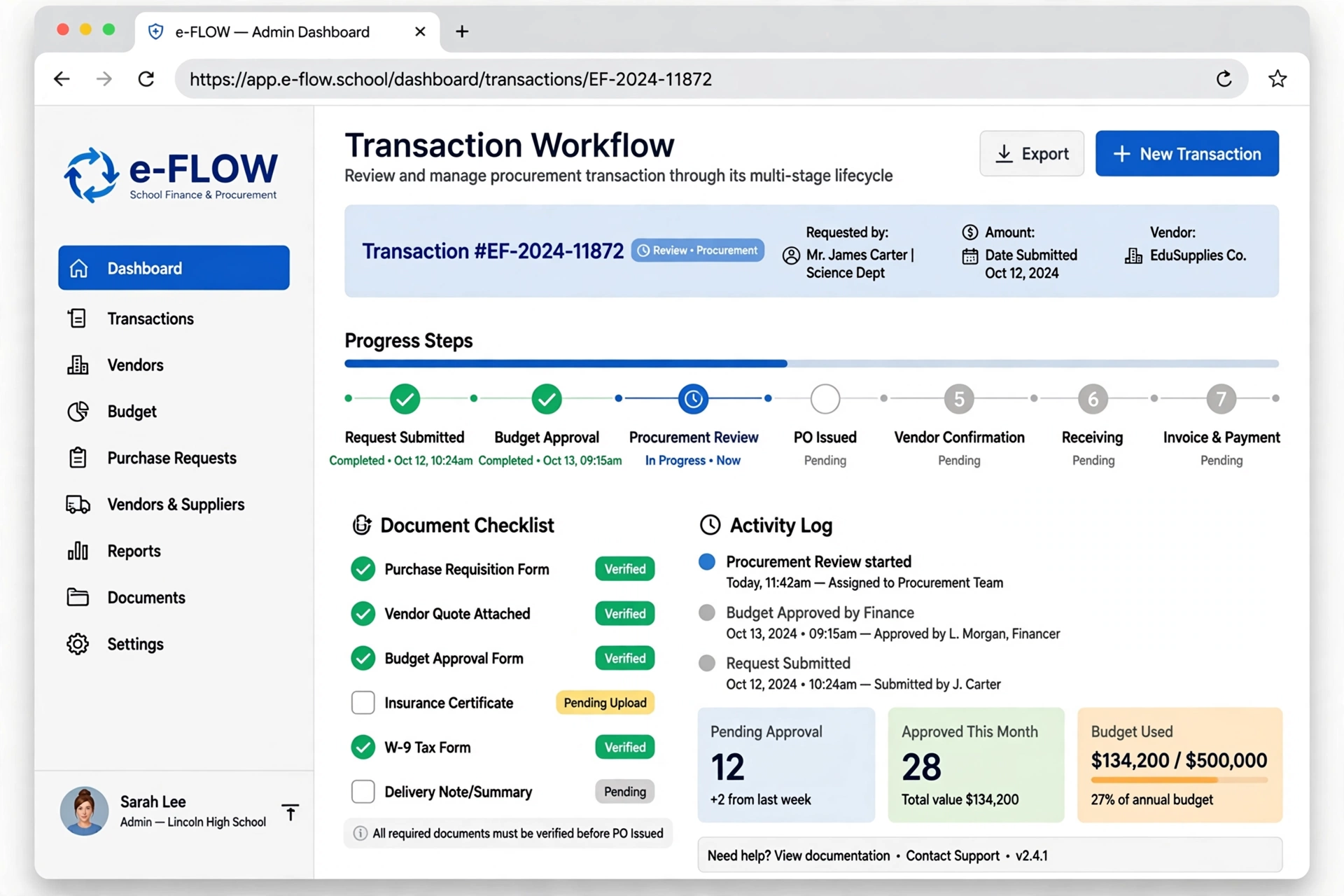 e-FLOW transaction workflow dashboard with progress steps, document checklist, and activity log