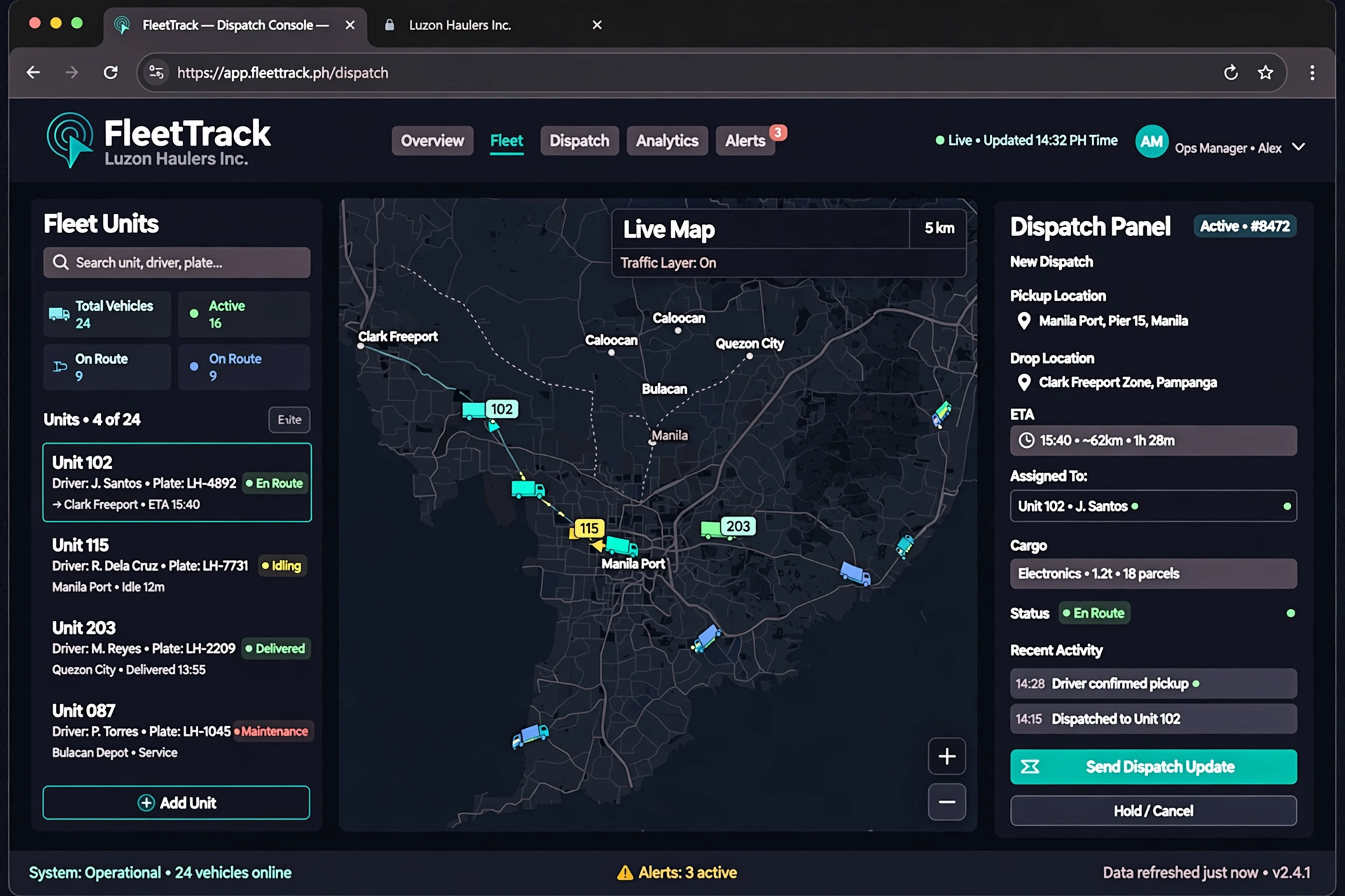 FleetTrack dispatch console shown in a desktop browser